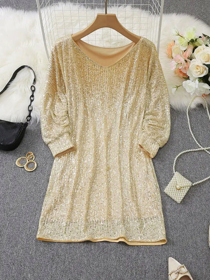 Sequin Off Shoulder Long Sleeve Mini Dress