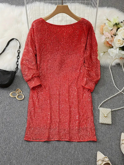 Sequin Off Shoulder Long Sleeve Mini Dress