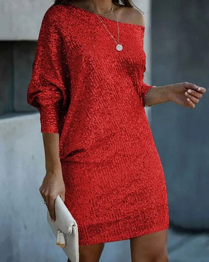 Sequin Off Shoulder Long Sleeve Mini Dress