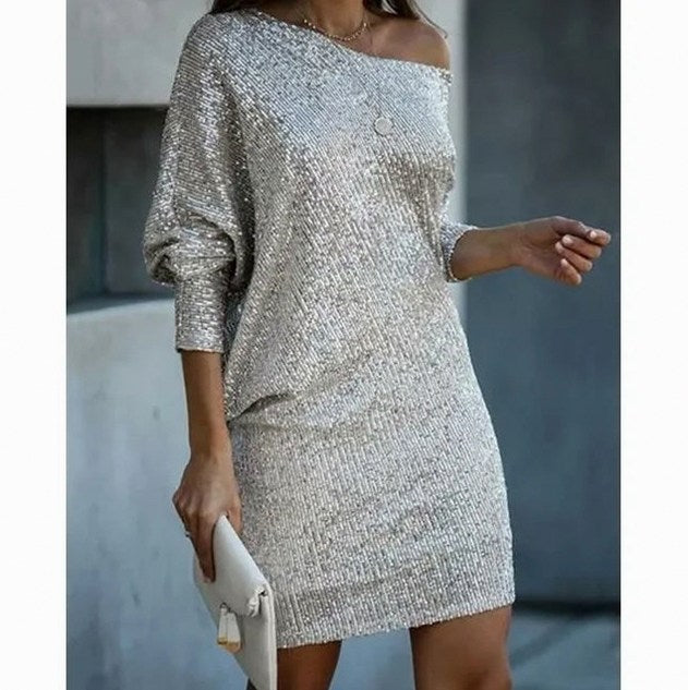 Sequin Off Shoulder Long Sleeve Mini Dress