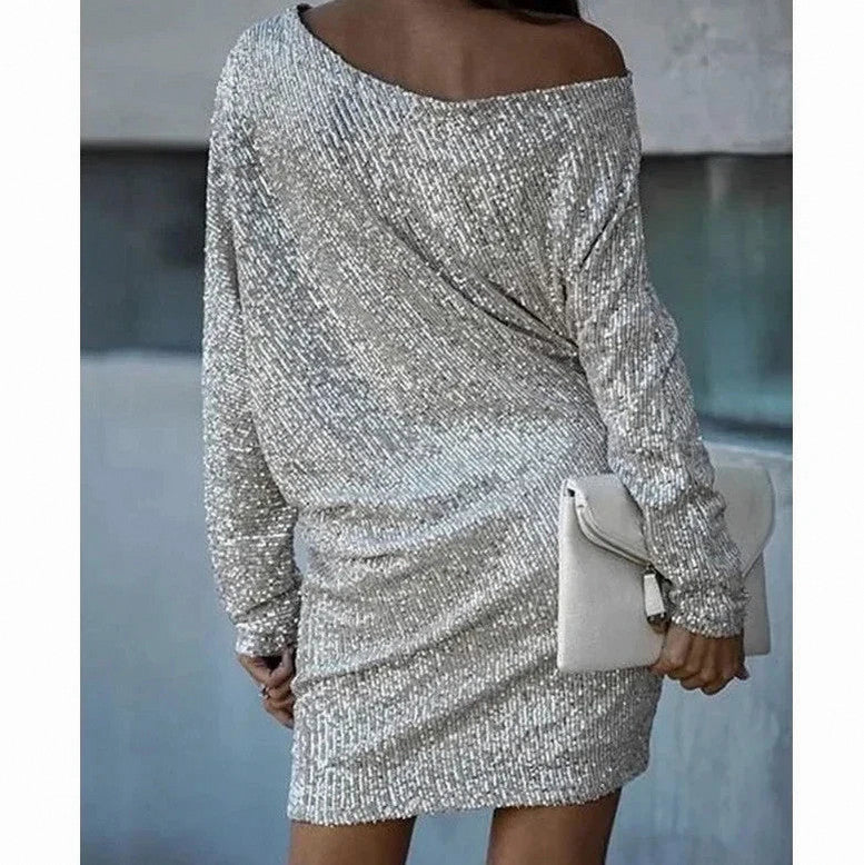 Sequin Off Shoulder Long Sleeve Mini Dress