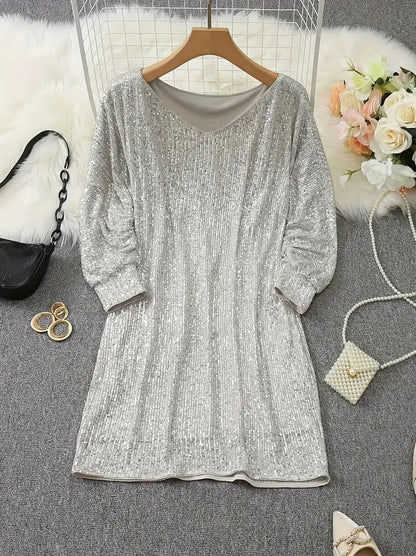 Sequin Off Shoulder Long Sleeve Mini Dress