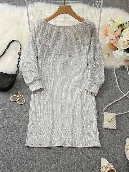 Sequin Off Shoulder Long Sleeve Mini Dress