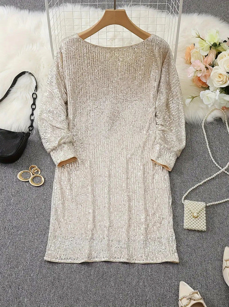 Sequin Off Shoulder Long Sleeve Mini Dress