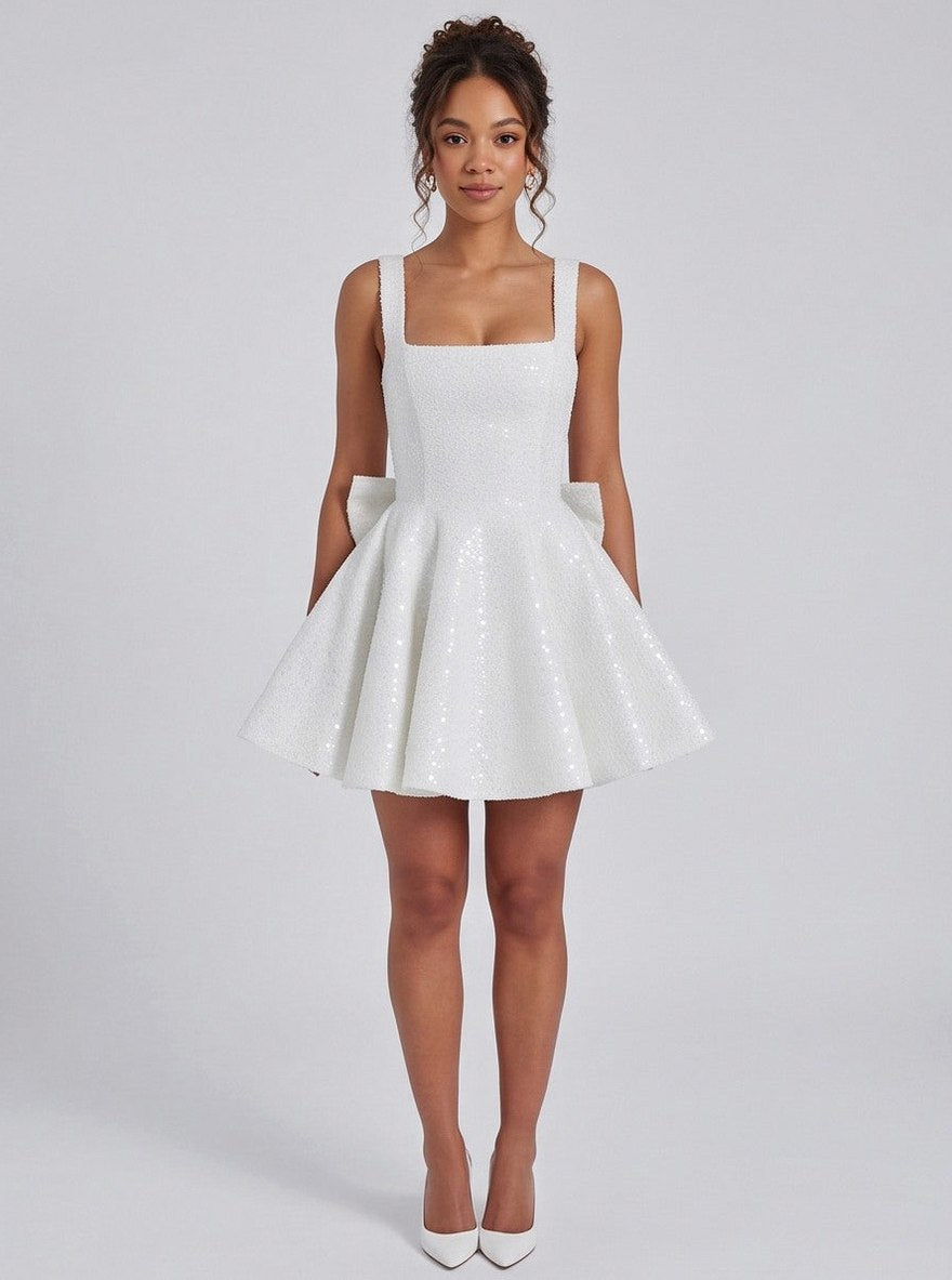 Sequin Square Neck Back Bow Mini Dress
