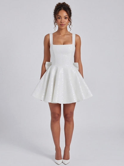 Sequin Square Neck Back Bow Mini Dress
