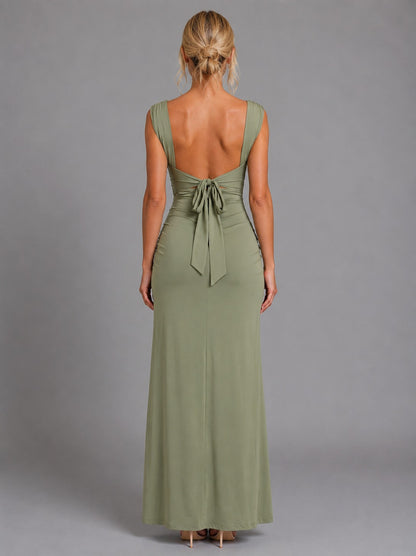 Square Neck Ruched Slit Maxi Dress