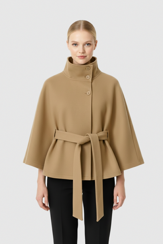 Stand Collar Belted Cape Jacket