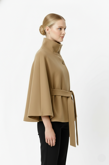 Stand Collar Belted Cape Jacket