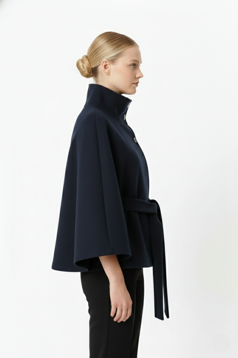 Stand Collar Belted Cape Jacket