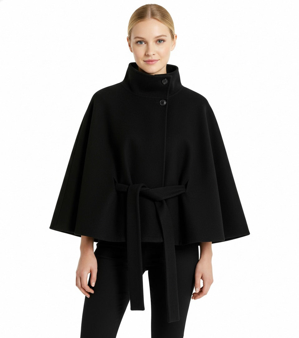 Stand Collar Belted Cape Jacket