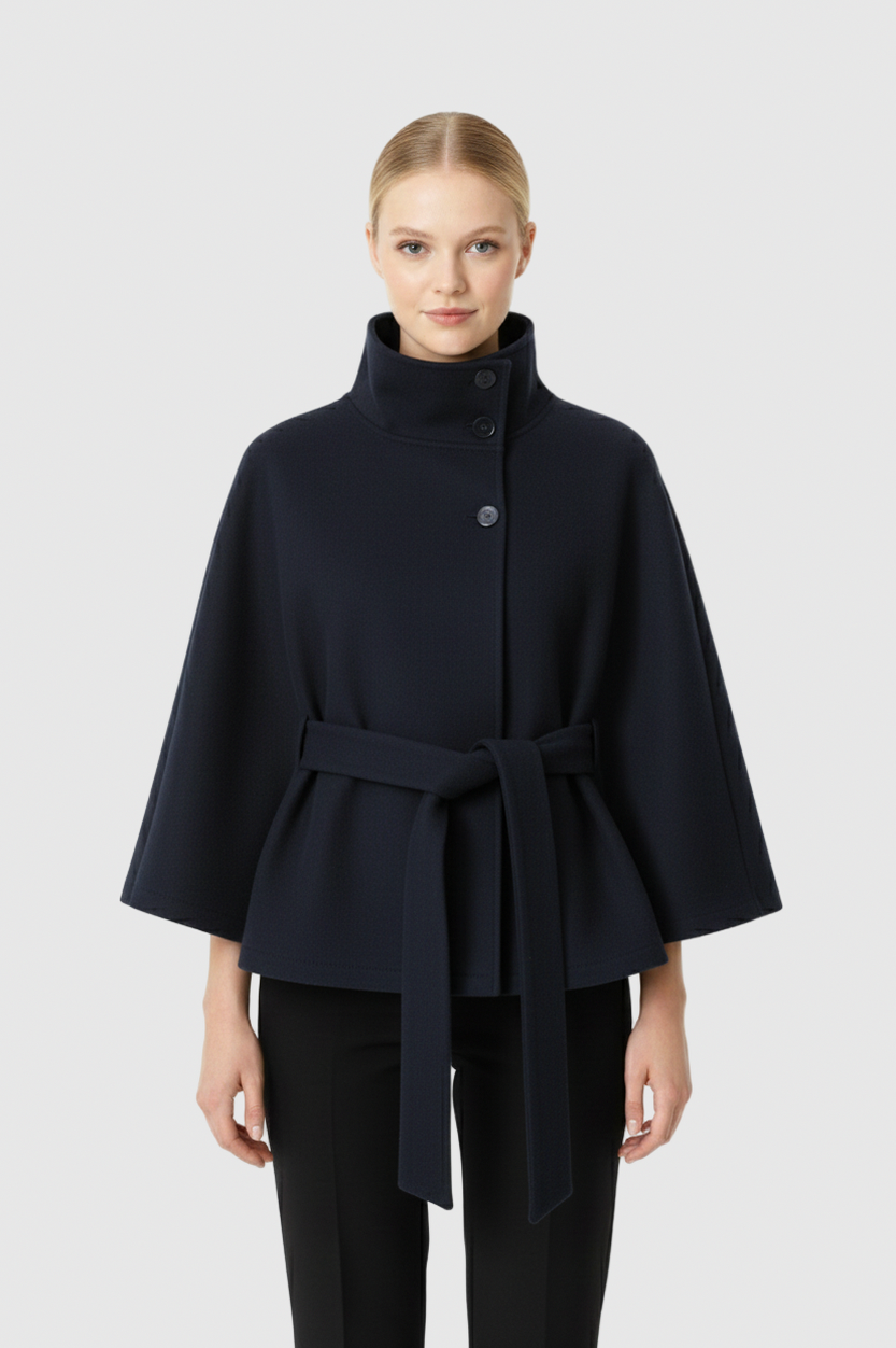 Stand Collar Belted Cape Jacket