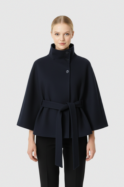 Stand Collar Belted Cape Jacket