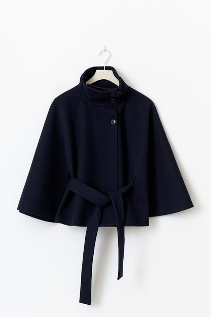 Stand Collar Belted Cape Jacket