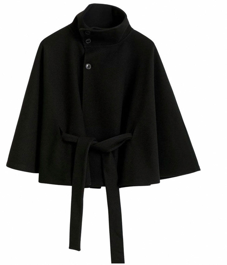 Stand Collar Belted Cape Jacket