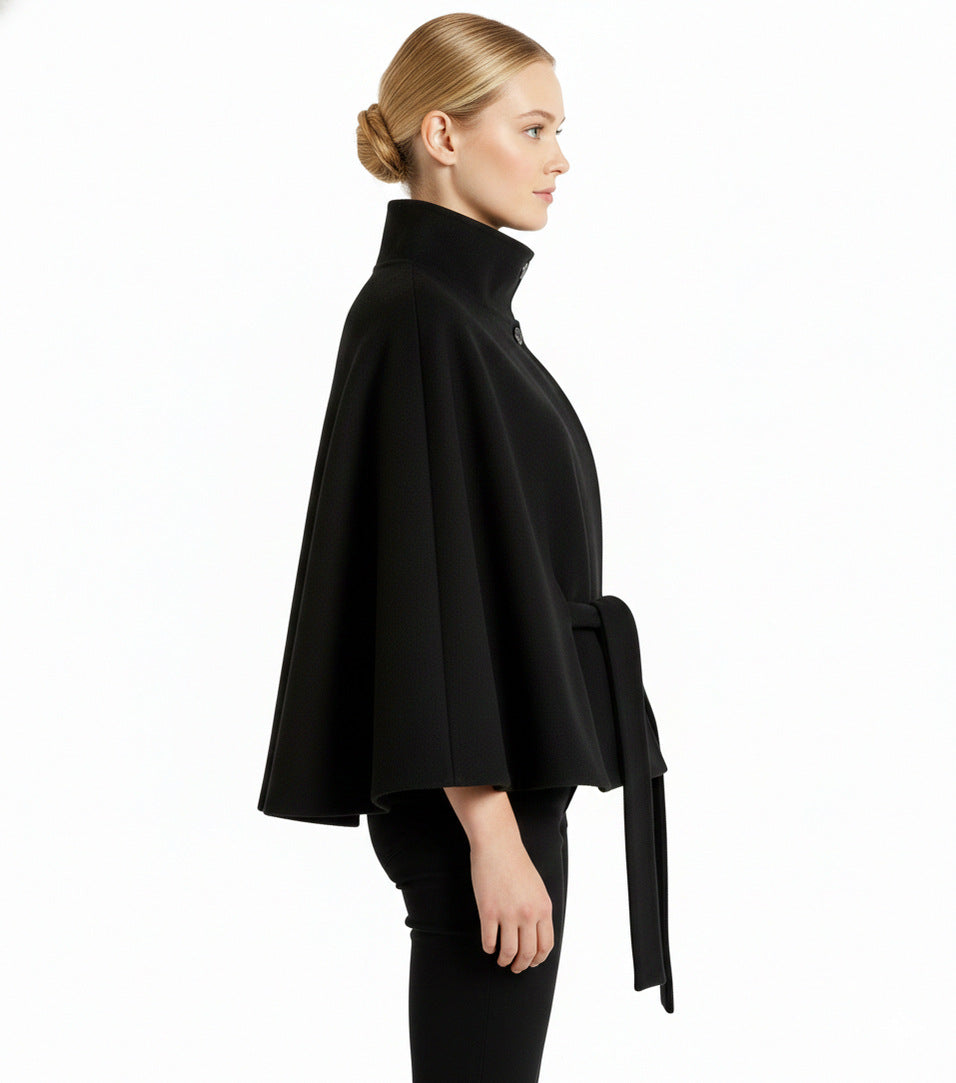 Stand Collar Belted Cape Jacket
