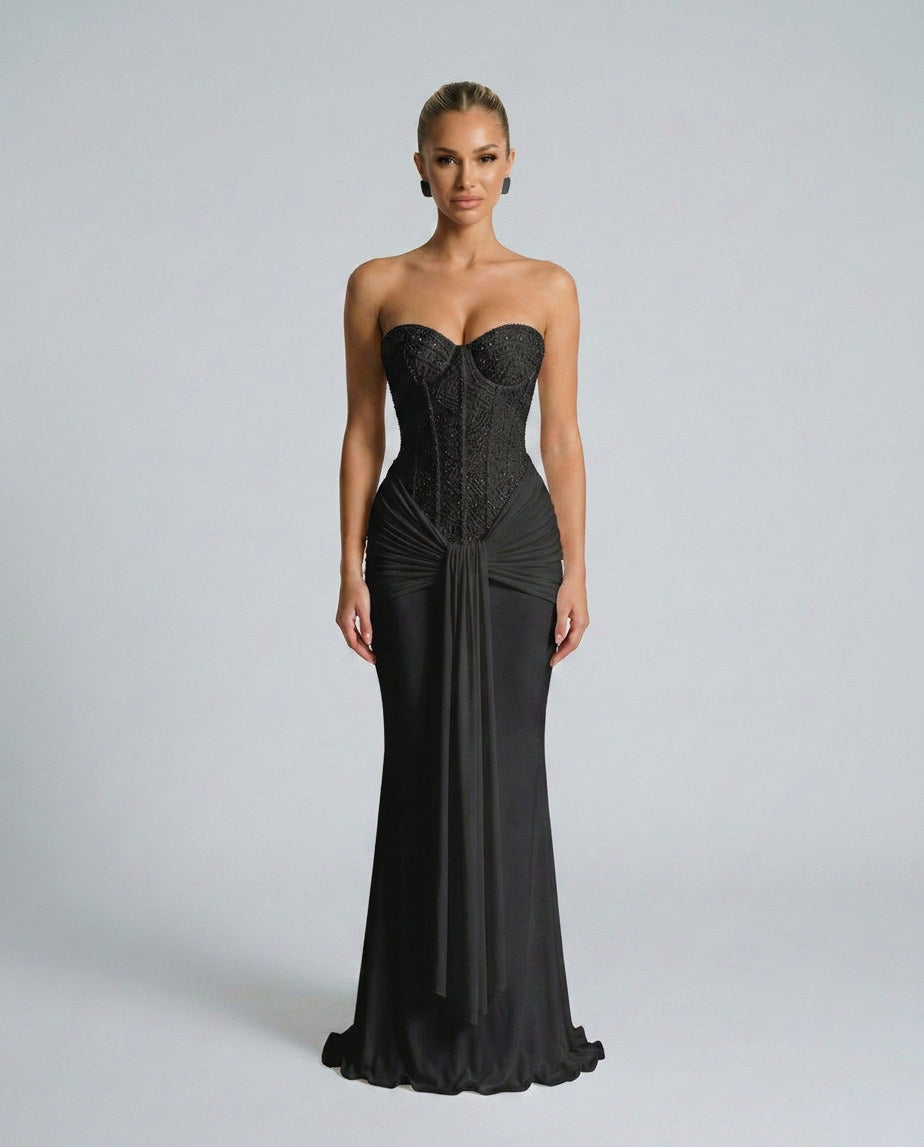 Strapless Corset Draped Maxi Dress