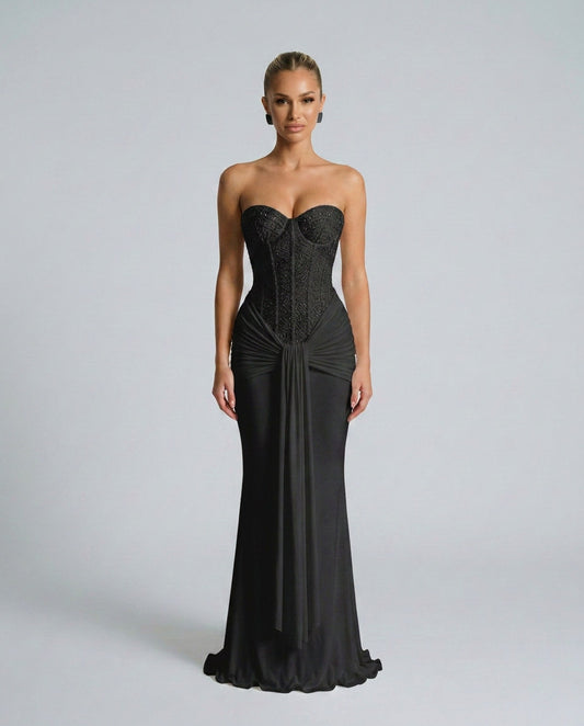 Strapless Corset Draped Maxi Dress