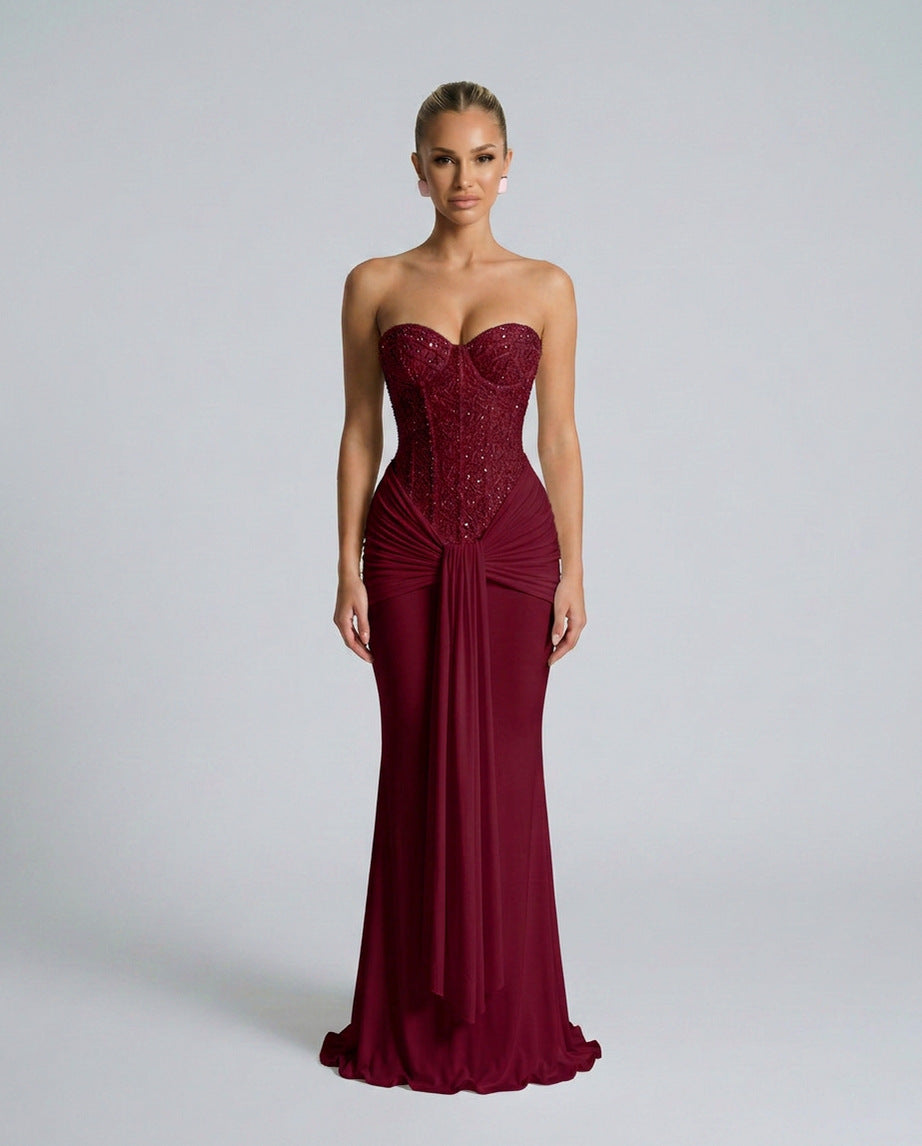 Strapless Corset Draped Maxi Dress