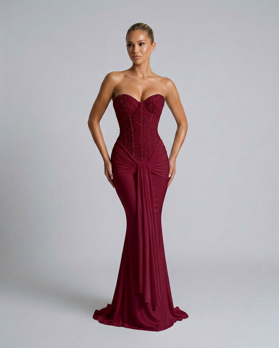 Strapless Corset Draped Maxi Dress
