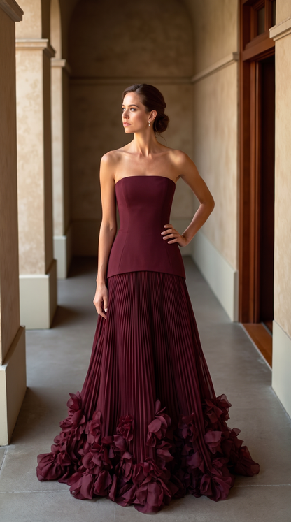 Strapless Drop Waist Pleated Maxi Dress