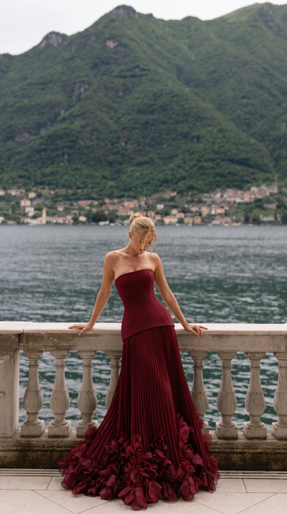 Strapless Drop Waist Pleated Maxi Dress
