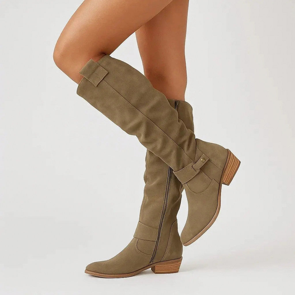 Suede Buckle Knee High Boots