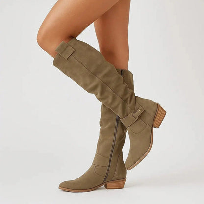 Suede Buckle Knee High Boots