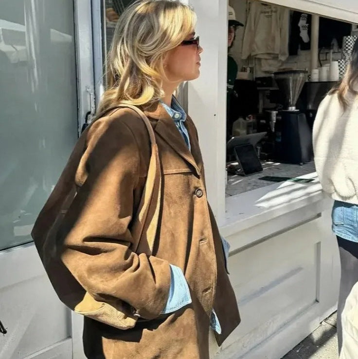 Suede Button Front Long Sleeve Jacket