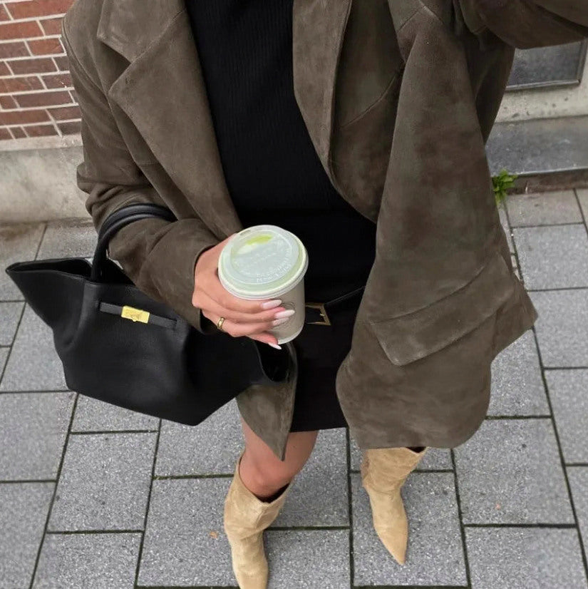 Suede Button Front Long Sleeve Jacket