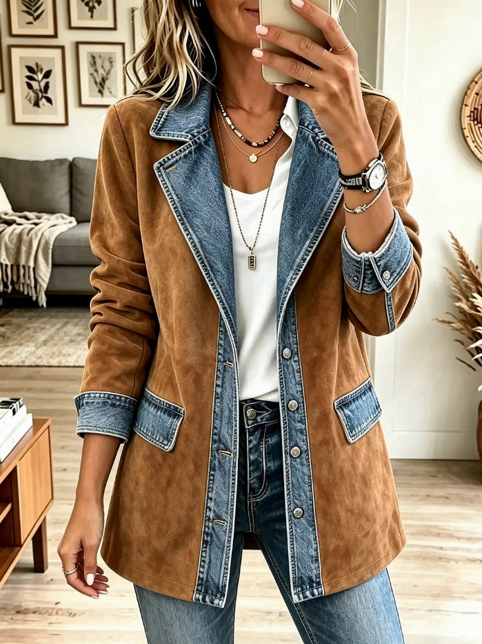 Suede Denim Long Sleeve Blazer