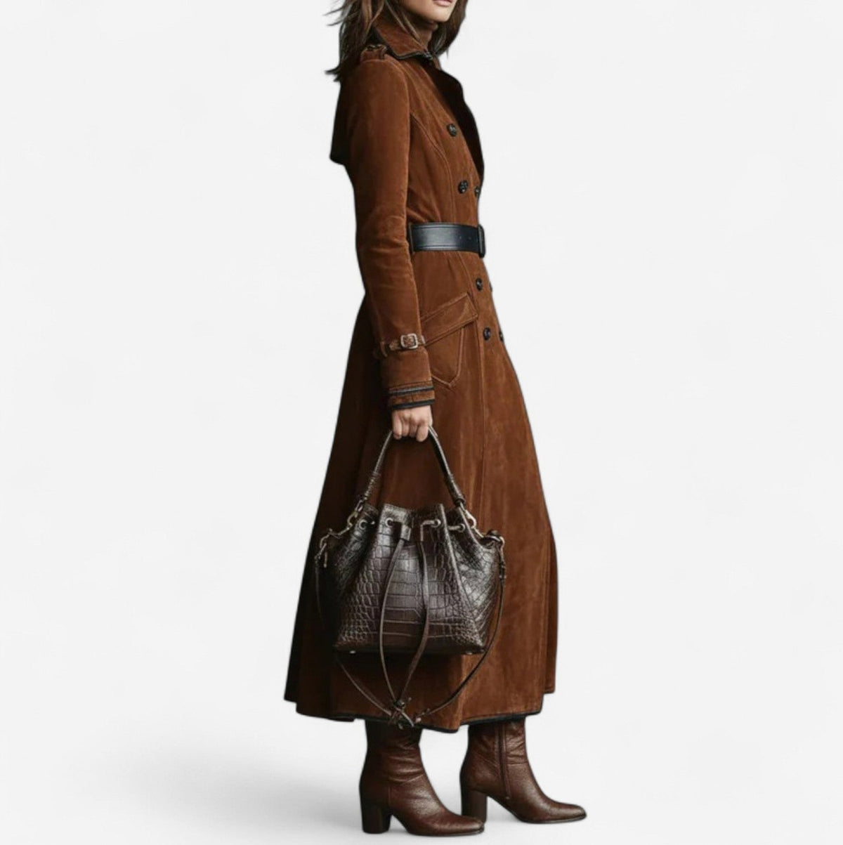 Suede Double Breasted Maxi Trench Coat