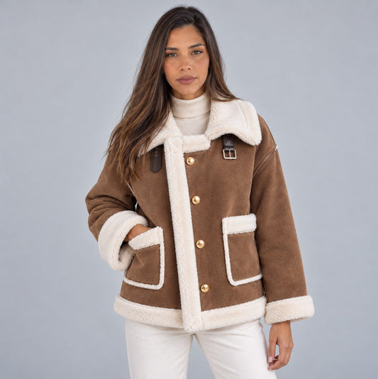 Suede Sherpa Trim Button Front Jacket