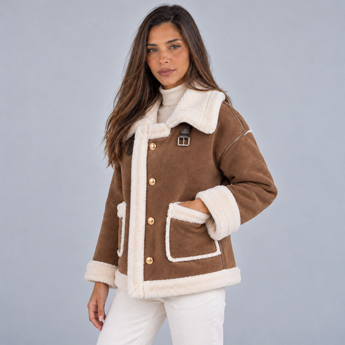 Suede Sherpa Trim Button Front Jacket