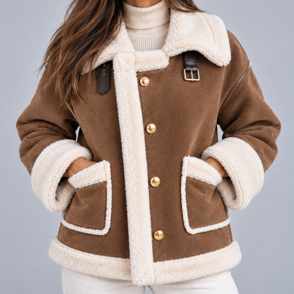 Suede Sherpa Trim Button Front Jacket