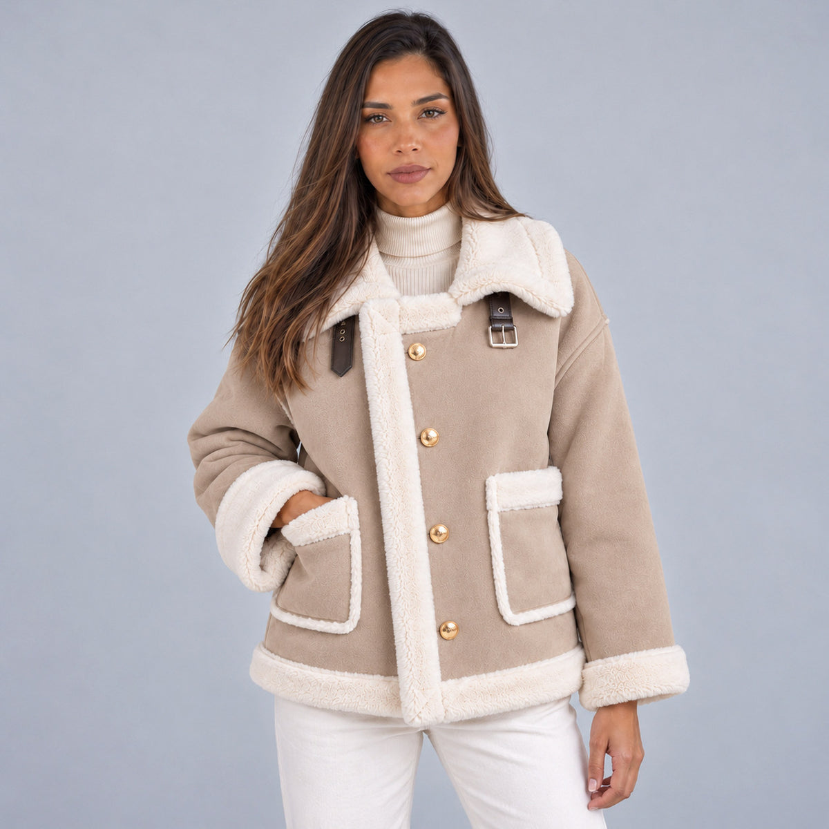 Suede Sherpa Trim Button Front Jacket