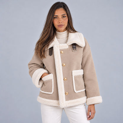 Suede Sherpa Trim Button Front Jacket