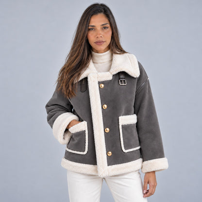Suede Sherpa Trim Button Front Jacket