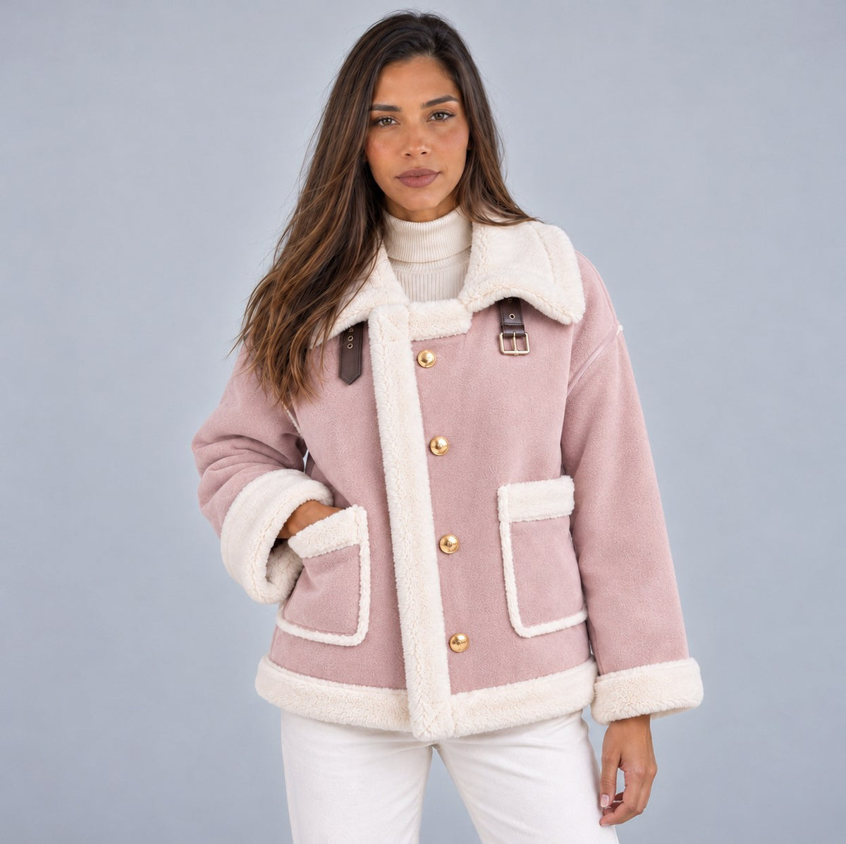 Suede Sherpa Trim Button Front Jacket