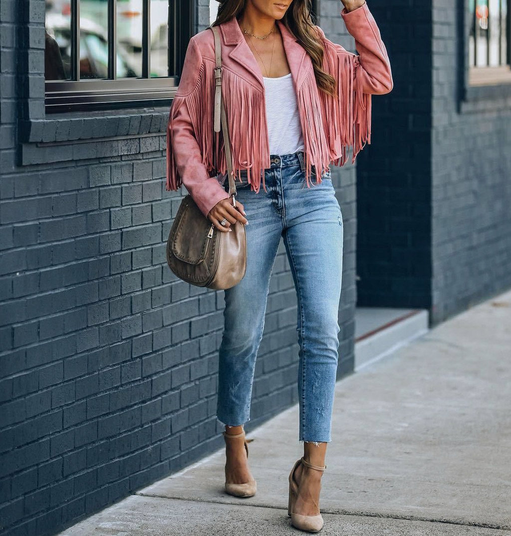 Suede Fringe Long Sleeve Jacket