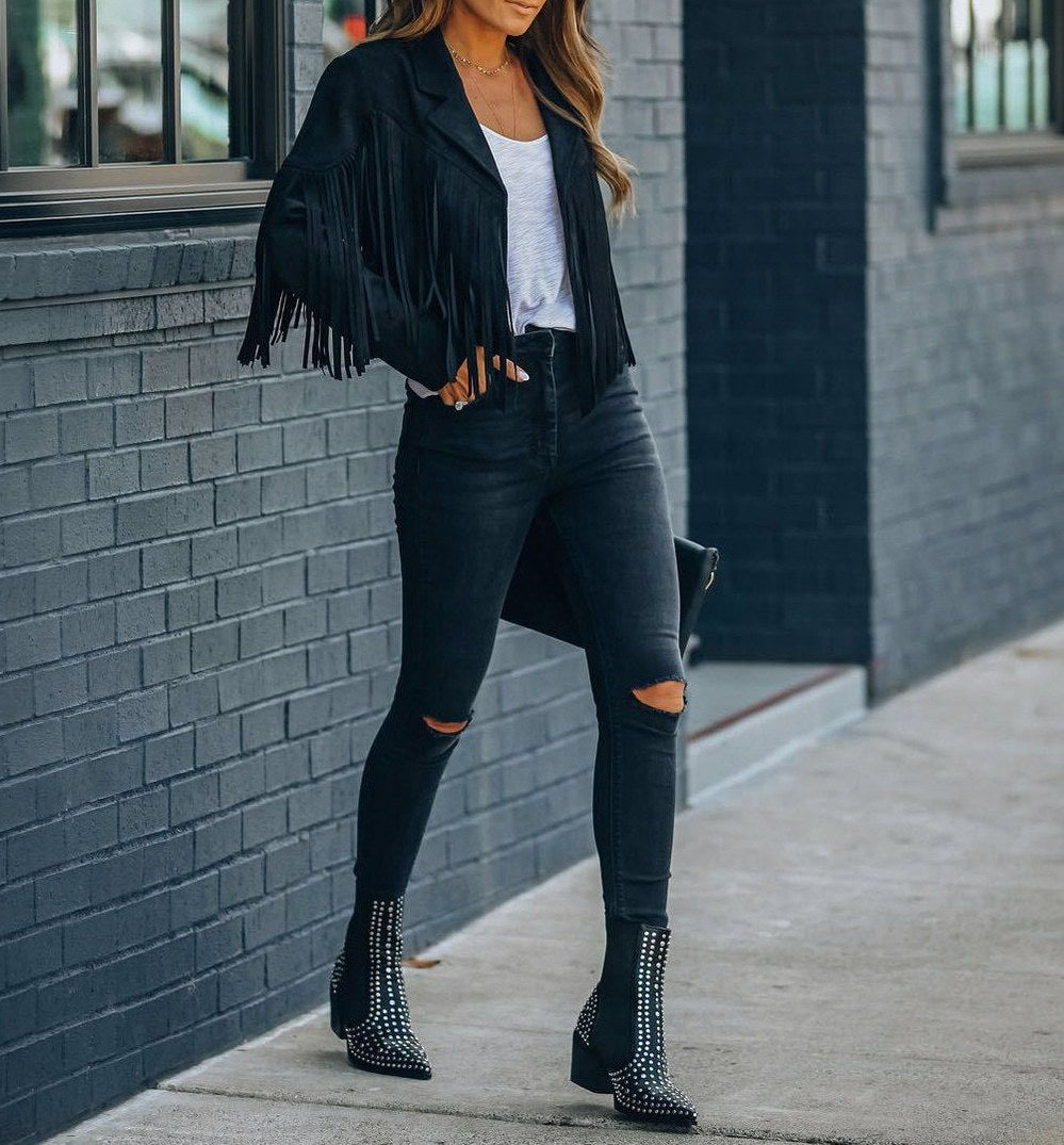 Suede Fringe Long Sleeve Jacket
