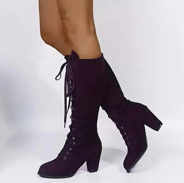 Suede Lace Up Knee High Boots