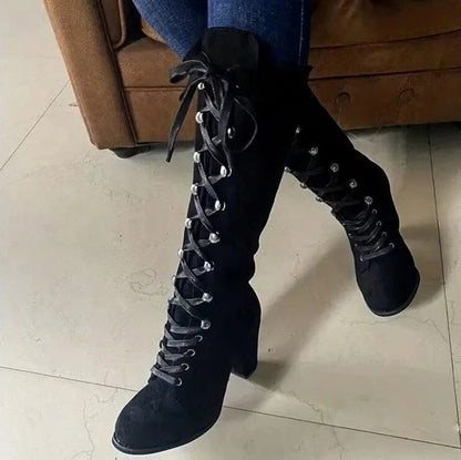 Suede Lace Up Knee High Boots