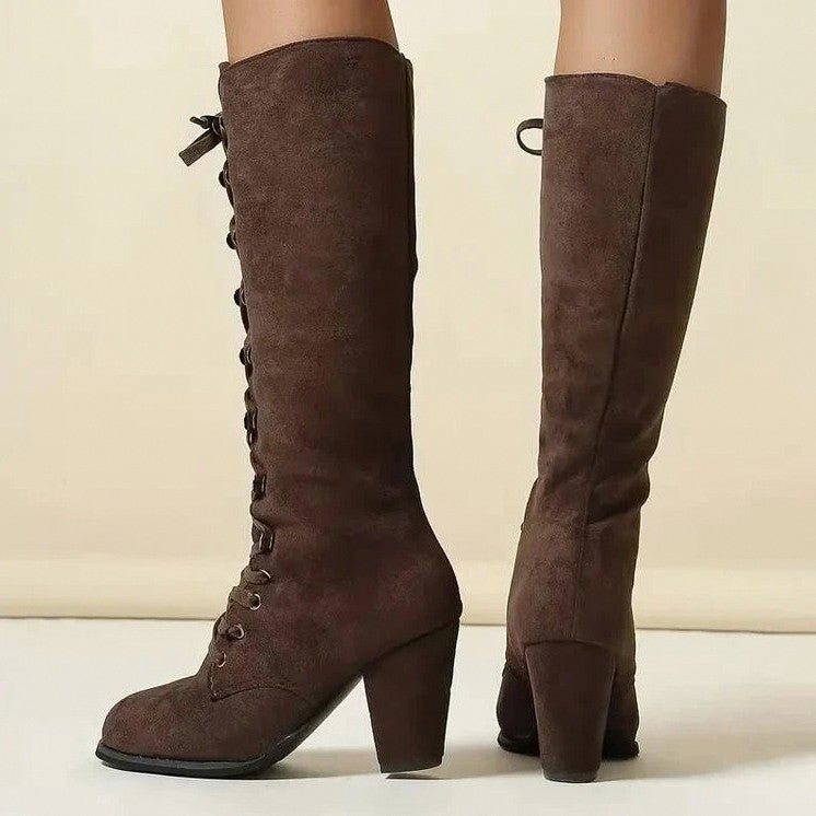 Suede Lace Up Knee High Boots