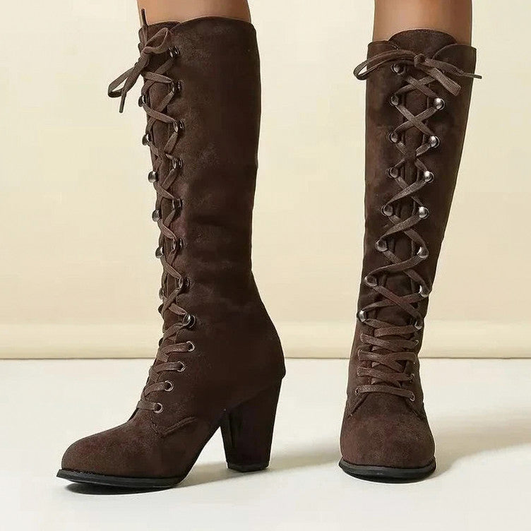 Suede Lace Up Knee High Boots