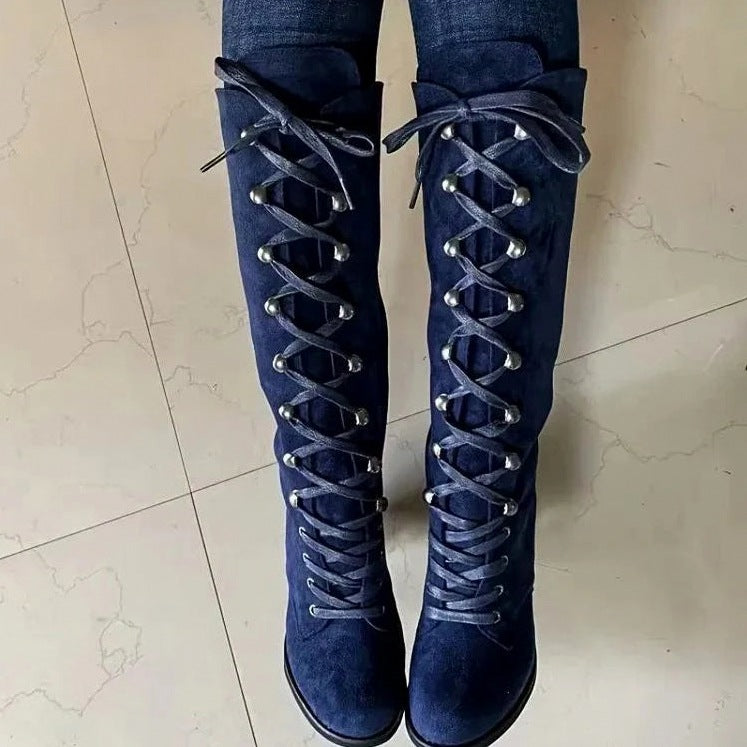 Suede Lace Up Knee High Boots