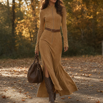 Suede Long Sleeve Belted Maxi Dress