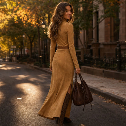 Suede Long Sleeve Belted Maxi Dress