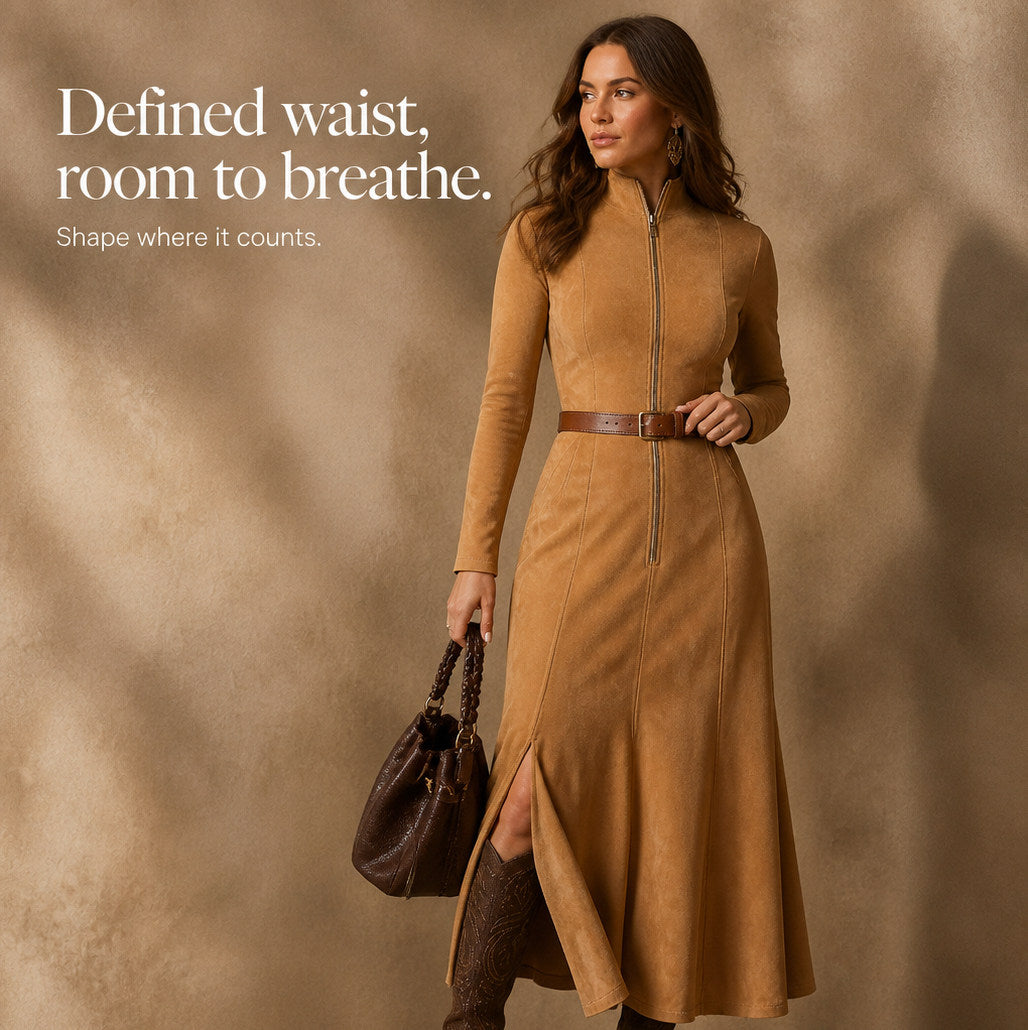 Suede Long Sleeve Belted Maxi Dress