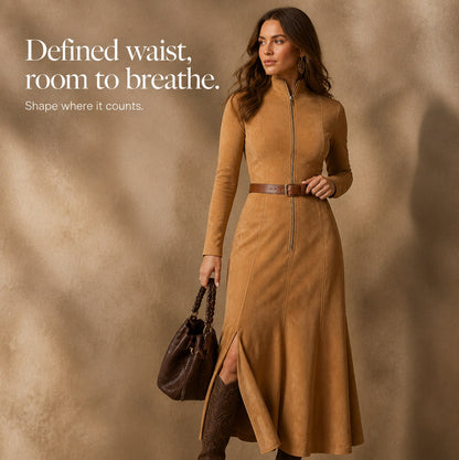 Suede Long Sleeve Belted Maxi Dress